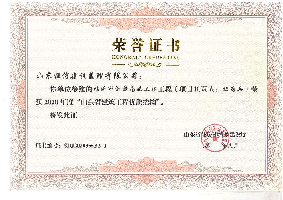 2020年度山东省建筑工程优质结构-临沂市沂蒙南路工程PPP项目监理