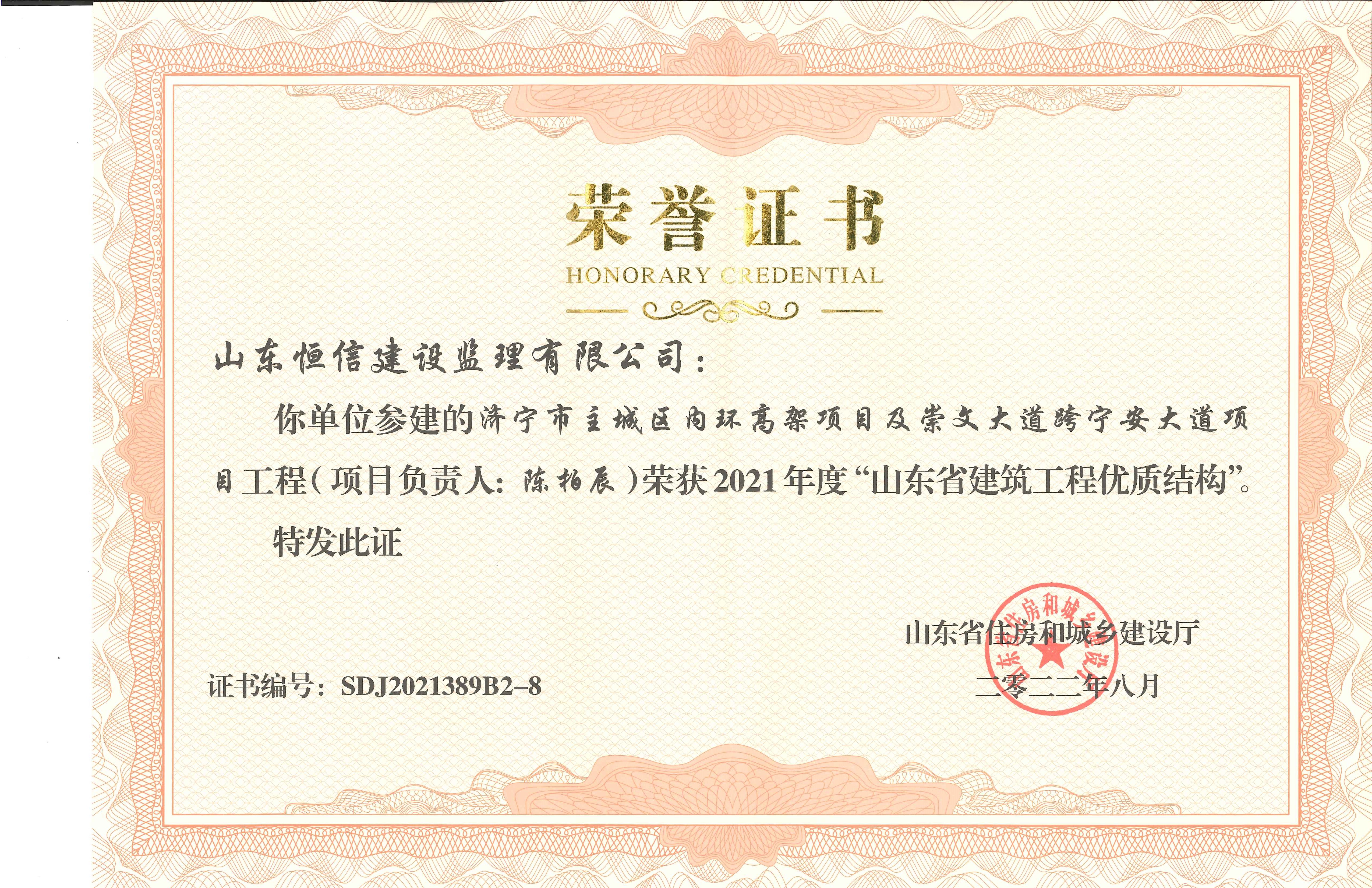 2021年度山东省建筑工程优质结构-济宁市主城区内环高架项目及崇文大道跨宁安大道项目陈柏辰